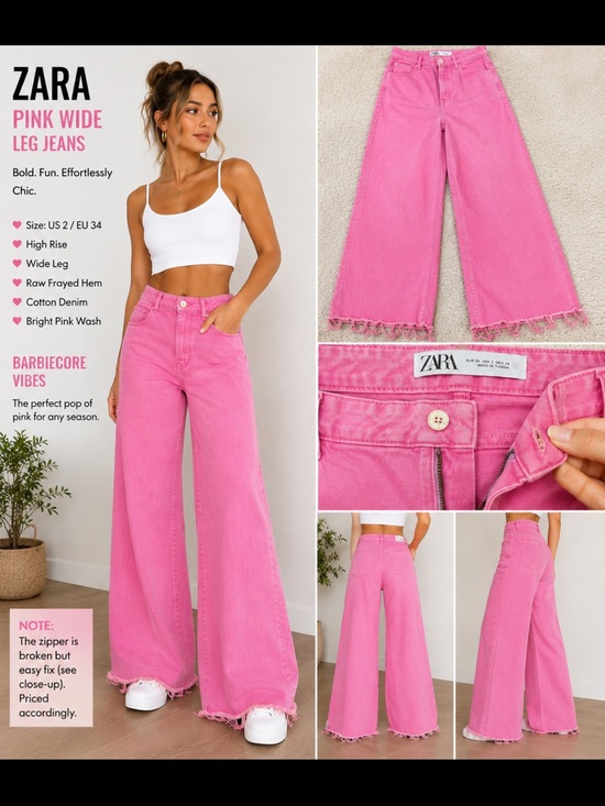 Zara Denim - Zara Pink High Rise Wide Leg Raw Hem Jeans Barbiecore Cotton Denim Pants